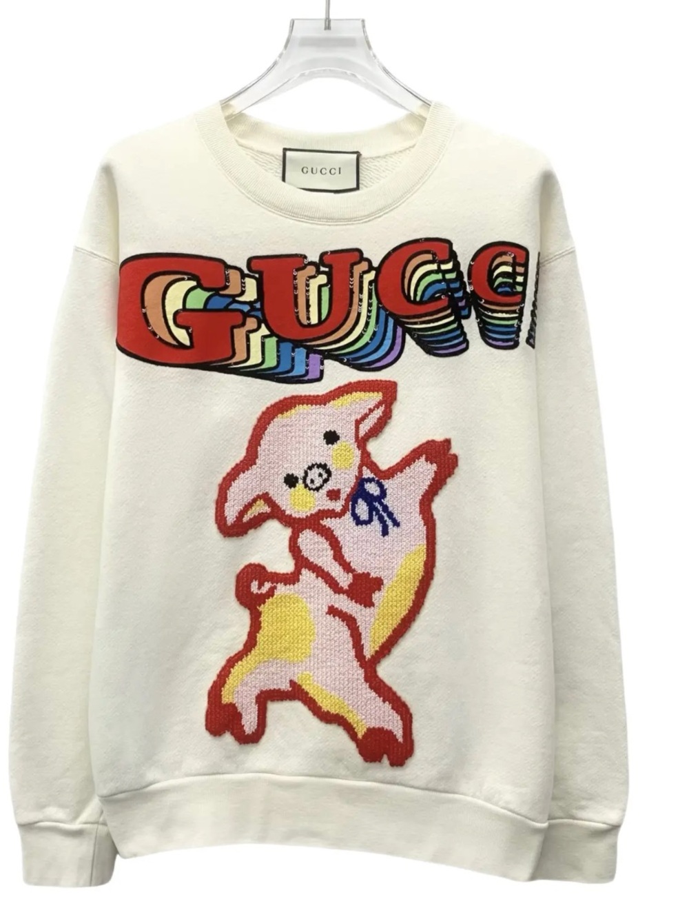 Gucci Cream Crewneck with Multicolor Retro Logo & Pink Pig Motif